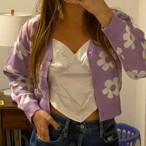 Y2K / 90s purple cropped button down long sleeved knit cardigan for women